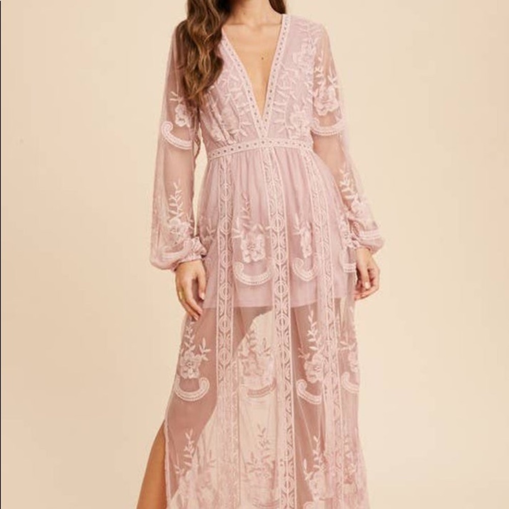 Wishlist Pink Rose Mauve Lace Long Sleeve Romper Maxi Dress Small